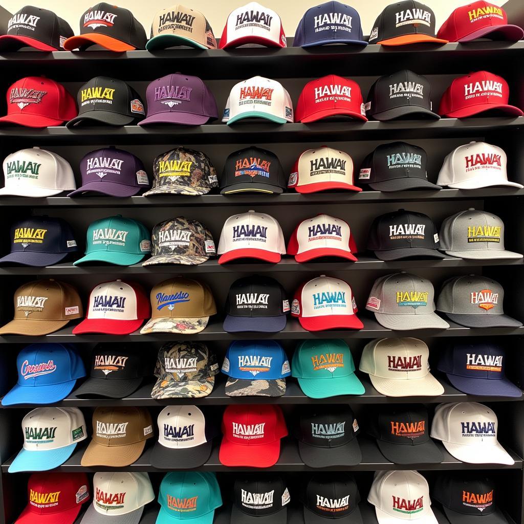 Display of Hawaii baseball hats in various colors.