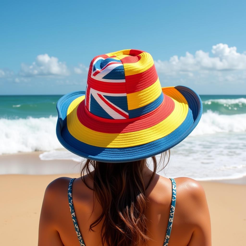 Wearing a Hawaiian Flag Hat on the Beach