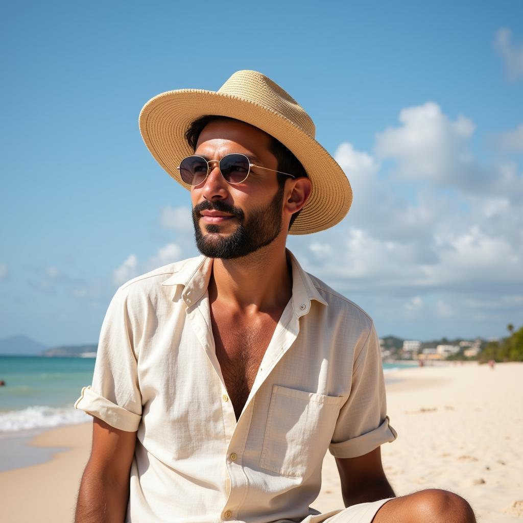 Man in a Hawaiian Hat on the Beach