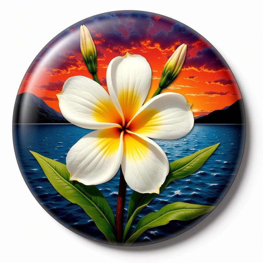 A Hawaiian magnet with a plumeria flower design.