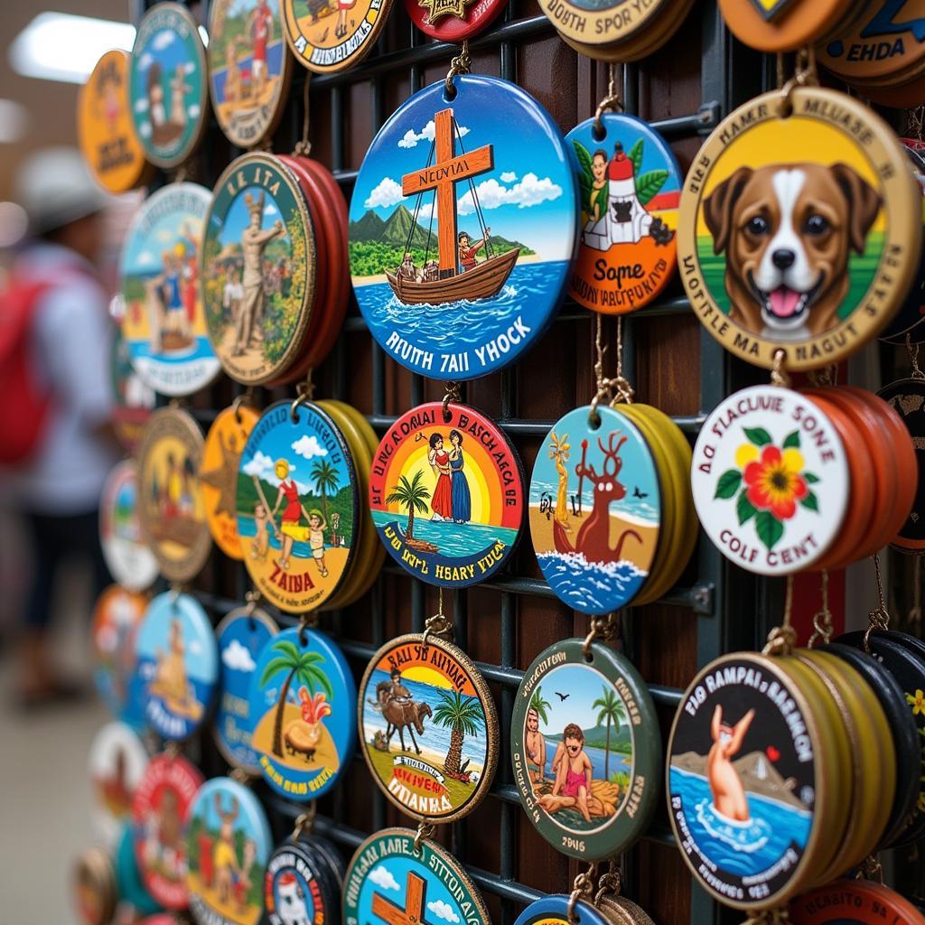 Colorful Hawaiian magnets displayed in a souvenir shop