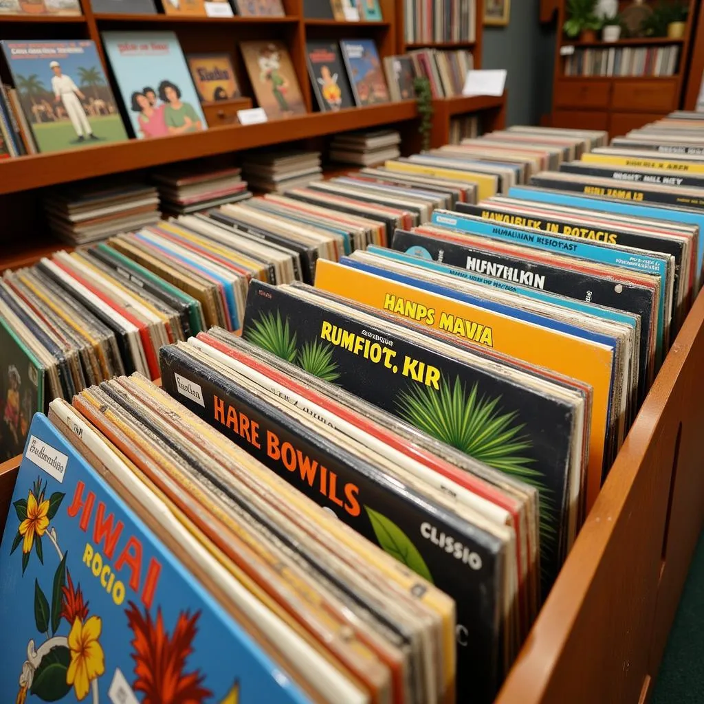 A collection of Hawaiian music vinyl records neatly organized on shelves