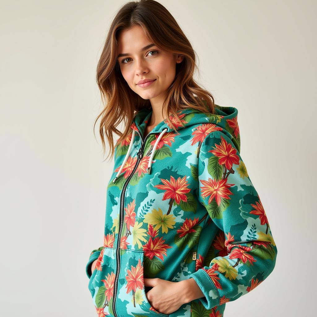 Model showcasing a vibrant Hawaiian print hoodie