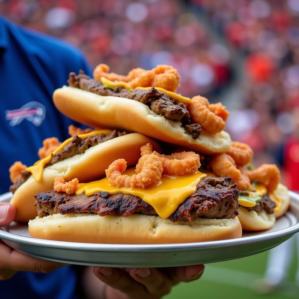 A hawker tray featuring a regional specialty at a sporting event