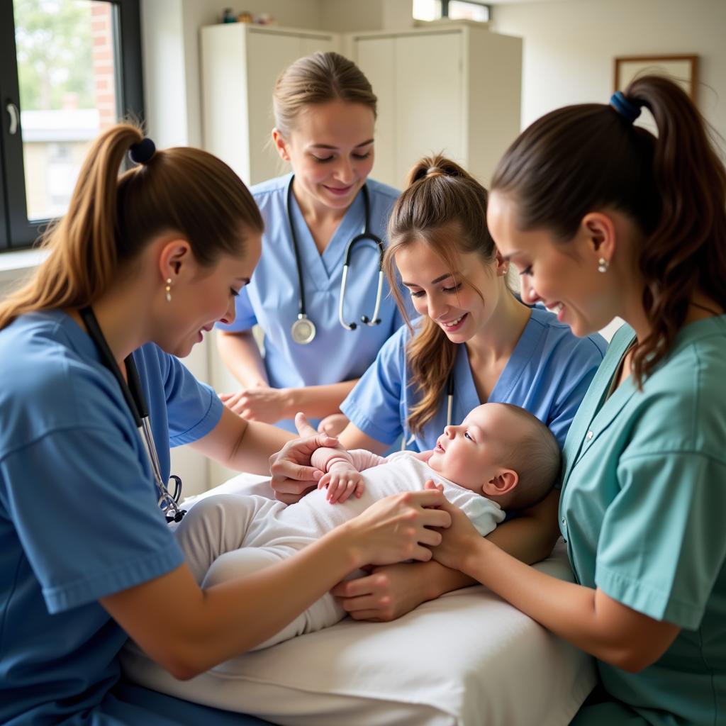 Healthcare professionals supporting breastfeeding mothers in a clinical setting