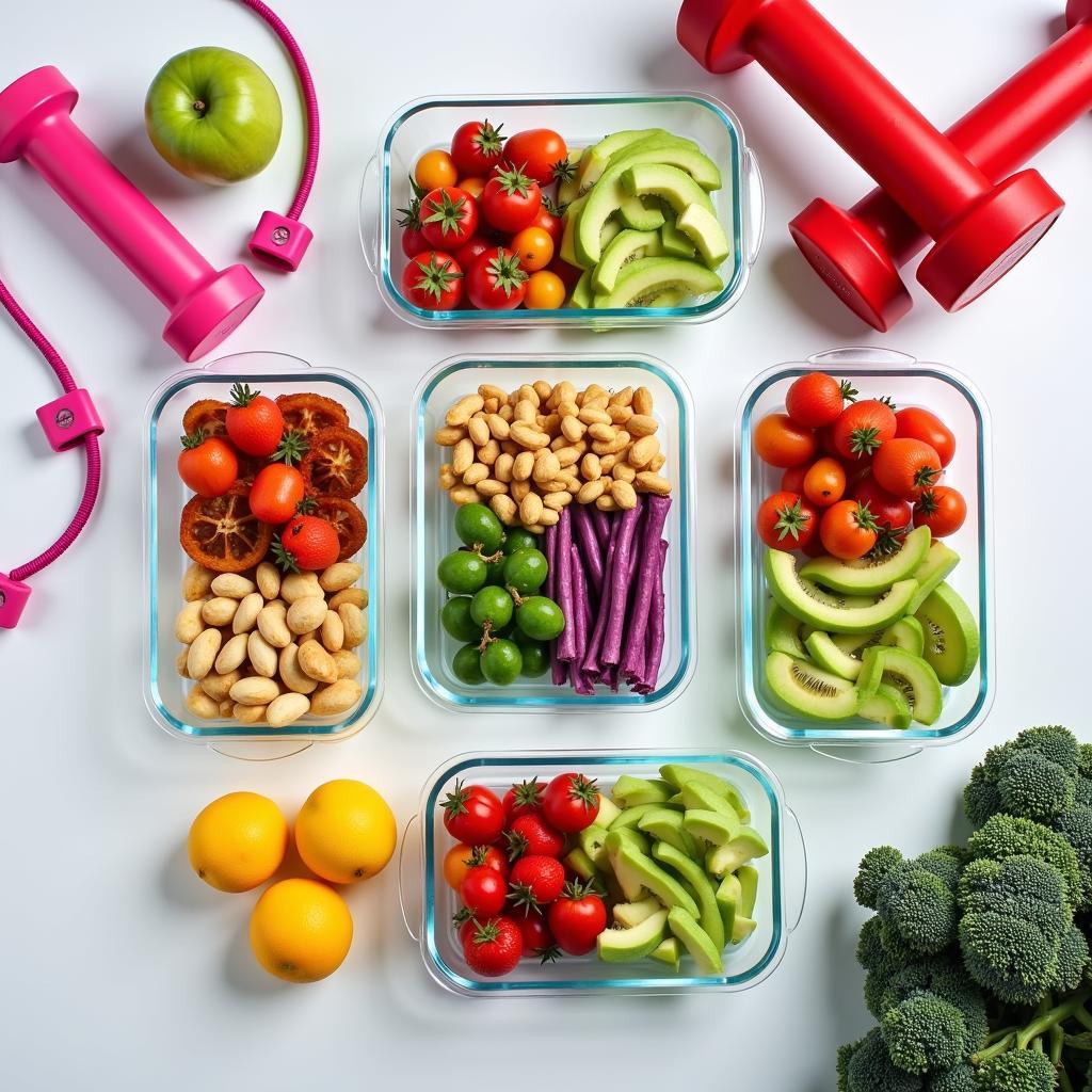 Healthy meal prep containers alongside exercise equipment