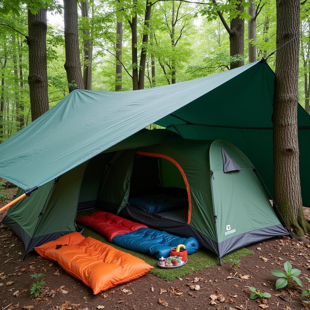 Heavy-duty 12x30 tarp protecting camping gear from the elements.