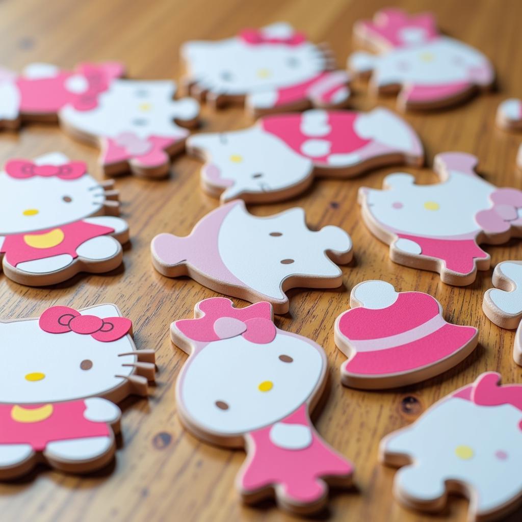 Colorful Hello Kitty 3D puzzle pieces scattered on a table