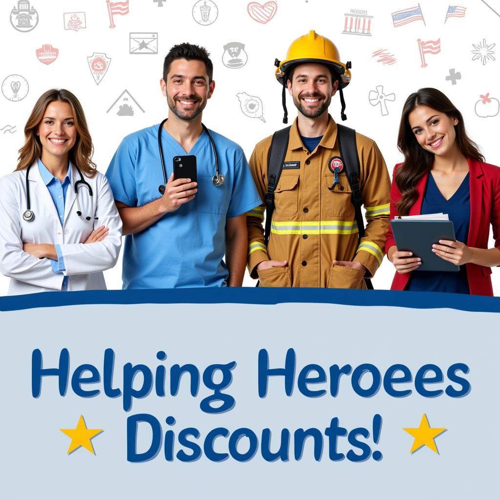 A banner promoting helping heroes discounts with a diverse group of professionals.