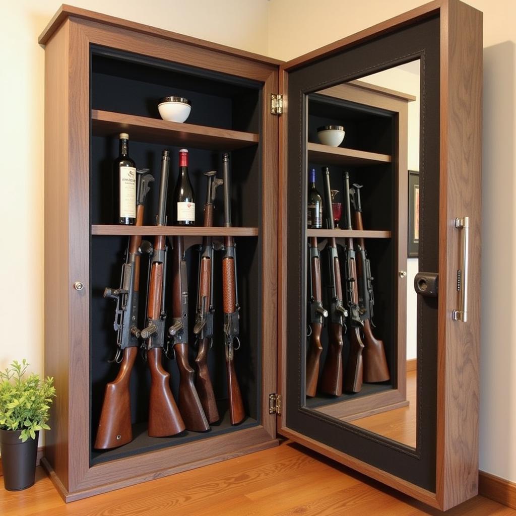 A concealed wall-mounted gun liquor holder disguised as a mirror