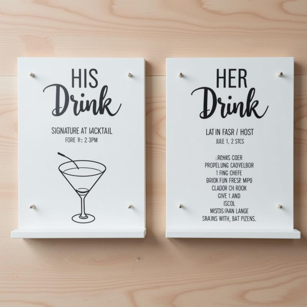 Elegant wedding signature drinks sign displaying his and hers cocktails with ingredients.