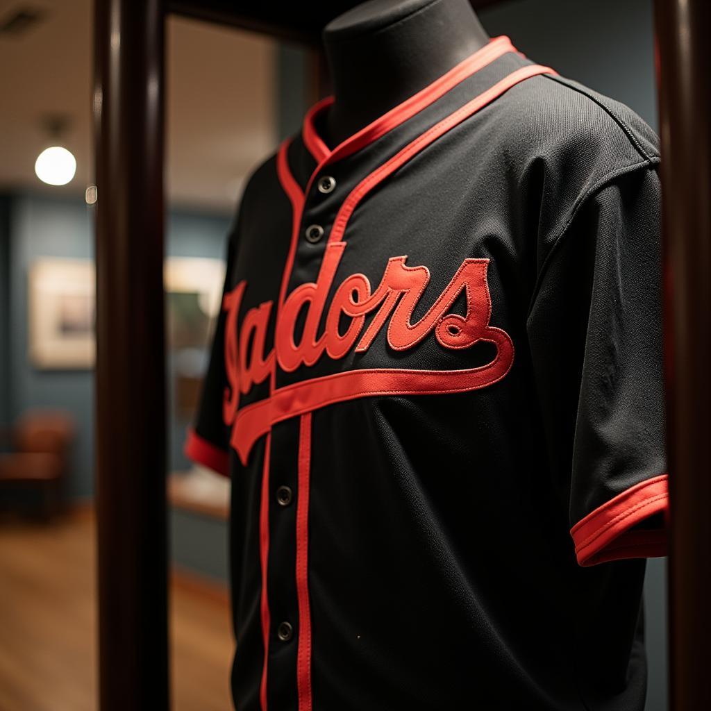 A vintage black and red baseball jersey displayed in a glass case