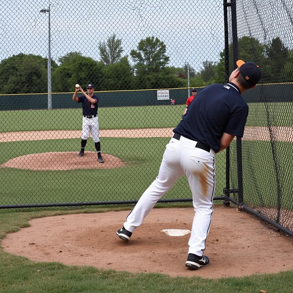 Batter analyzing the pitch in a baseline batting cage