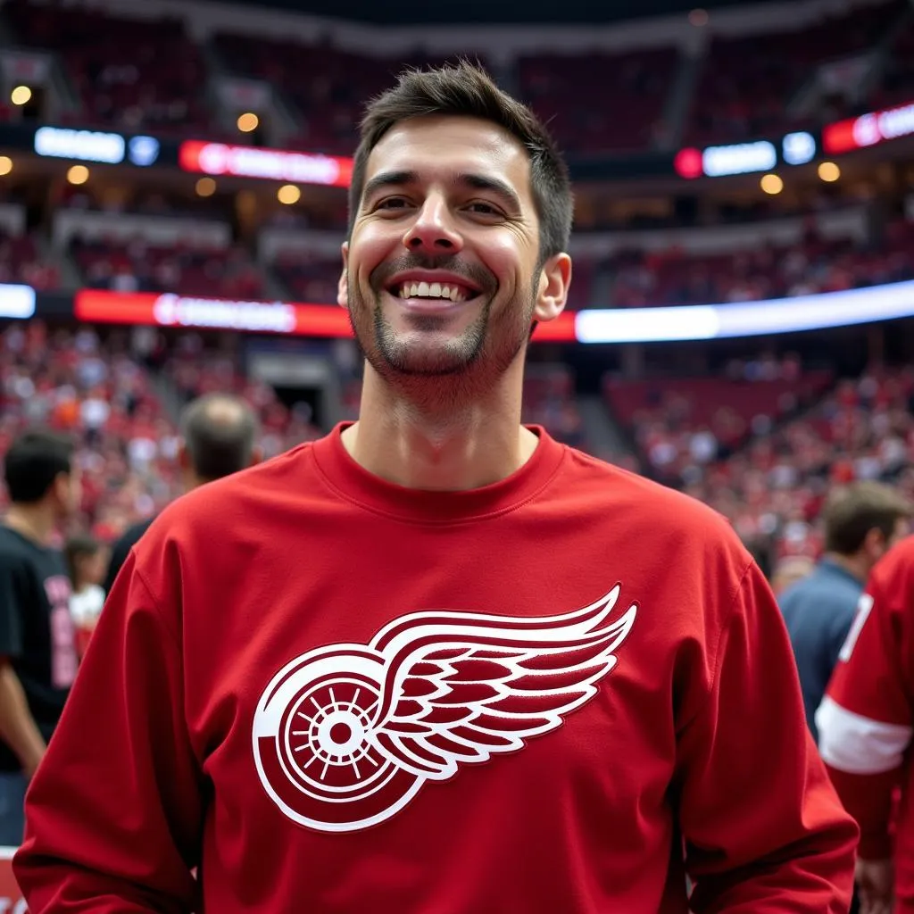 Hockey fan wearing NHL Original Six sweatshirt at game