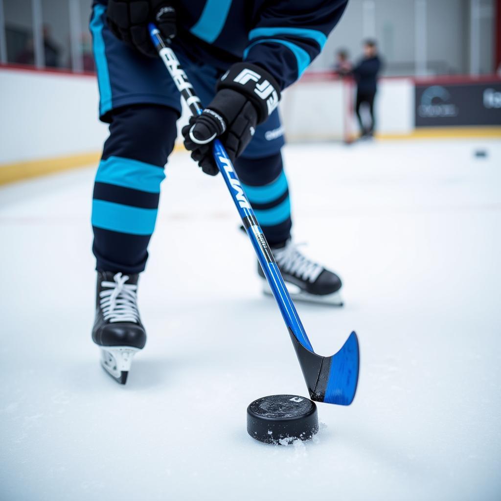 A hockey player showcasing impressive stick-handling skills using an HT blue ice rod