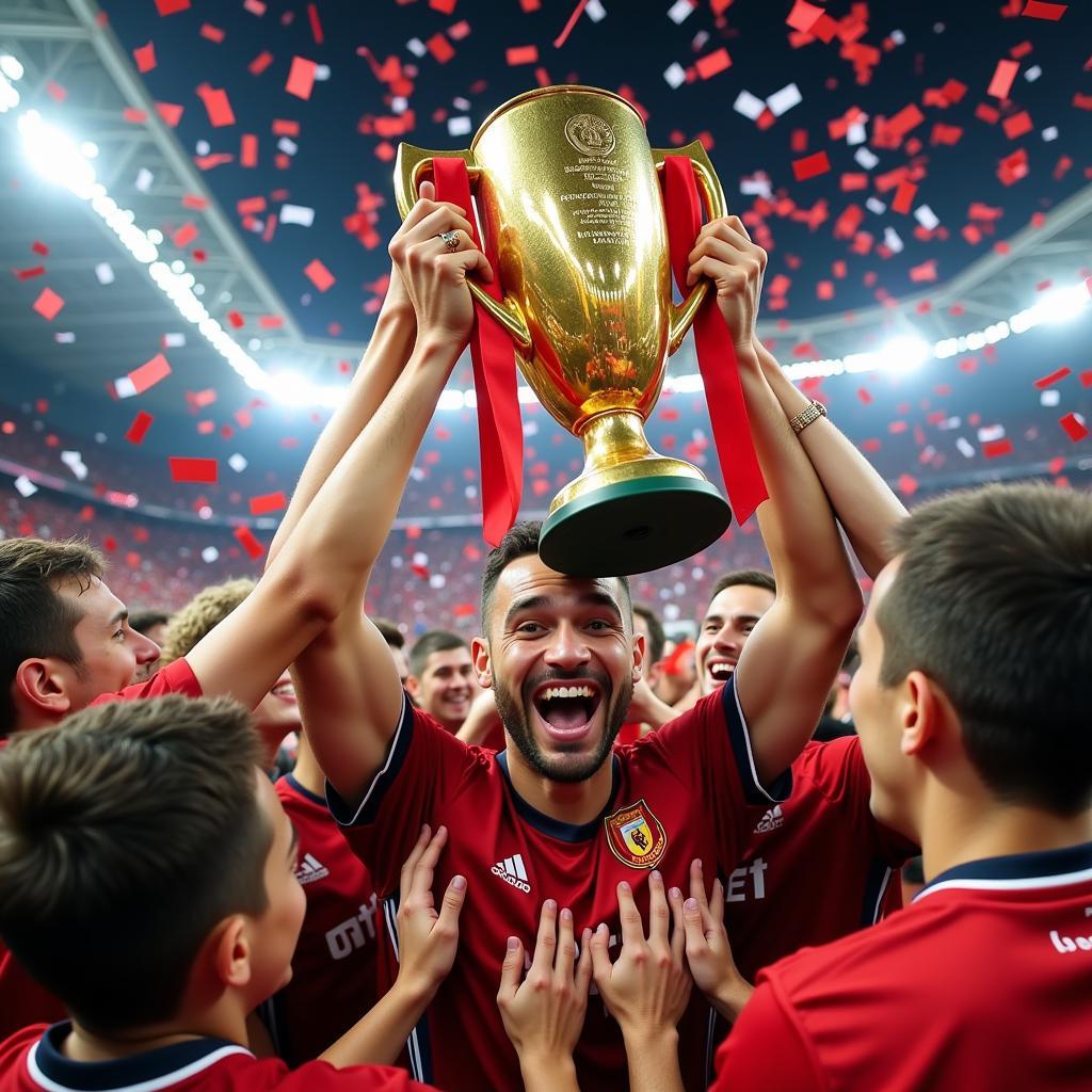 A footballer holding a trophy aloft in a moment of pure joy