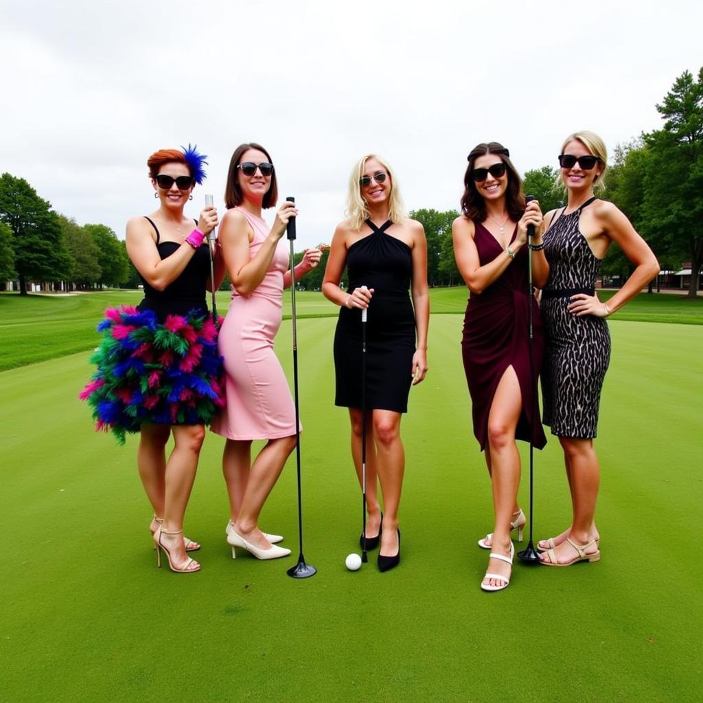 Ladies dressed in Hollywood glamour attire at a golf tournament