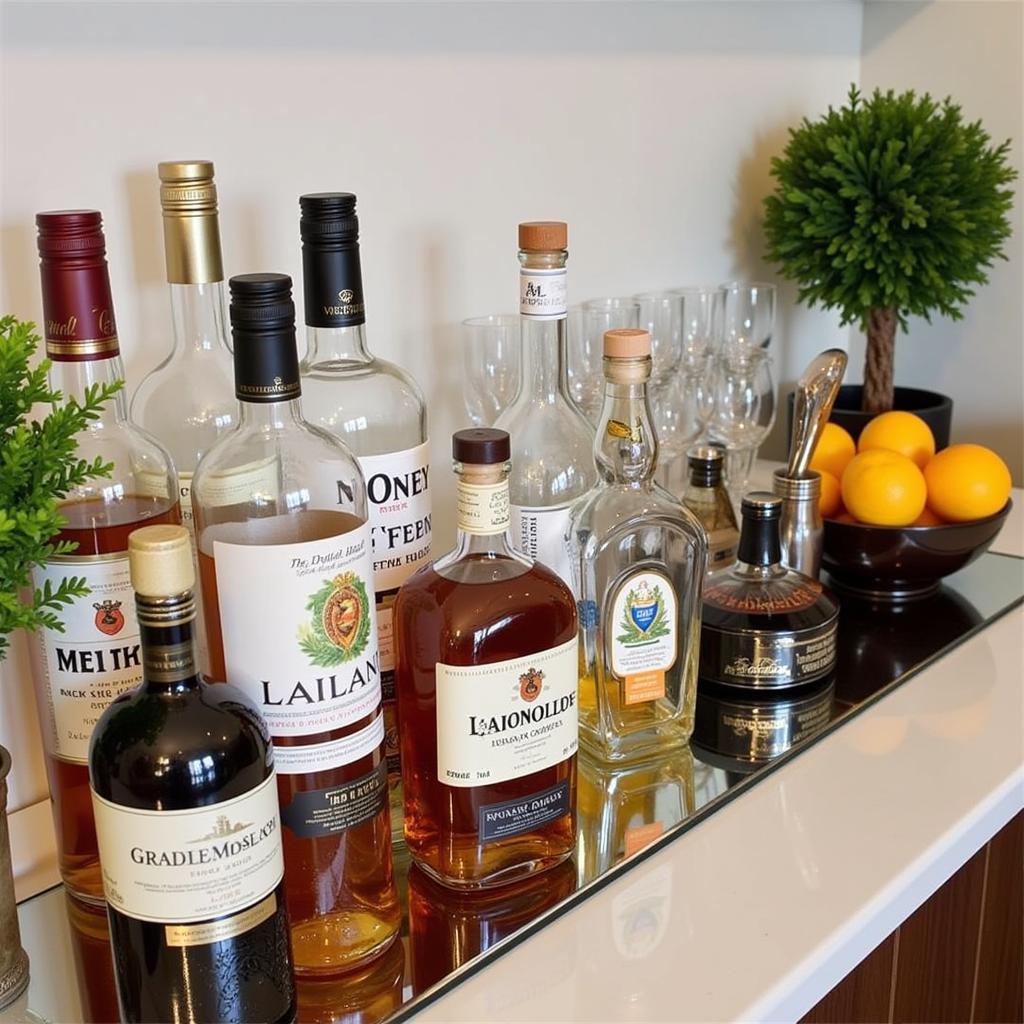 Home Bar Setup with Liquor Bottles and Glasses