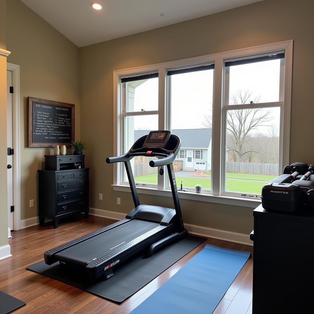 Home gym setup with treadmill, weights, and yoga mat