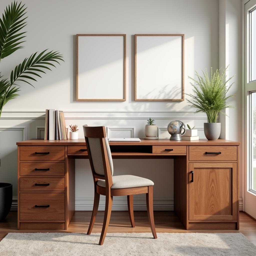 Home office setup with a wooden desk and filing cabinet