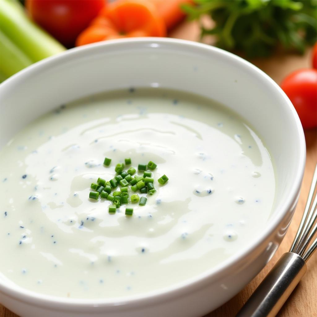  A bowl of creamy, homemade halal ranch dressing. 