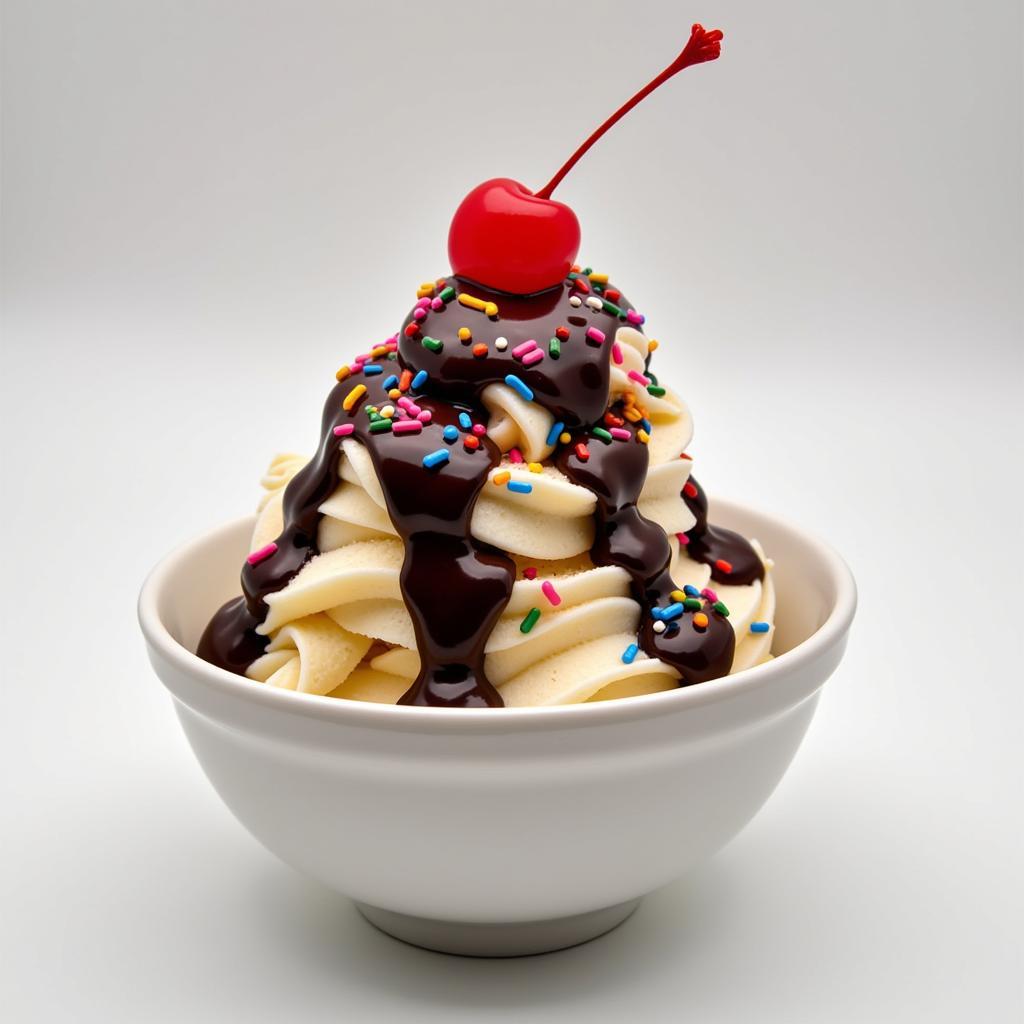 A bowl of homemade soft serve ice cream topped with chocolate sauce, sprinkles, and a cherry