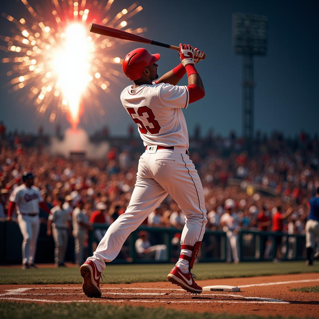 A baseball player triumphantly rounding the bases after hitting a homerun, with the crowd cheering wildly in the background.