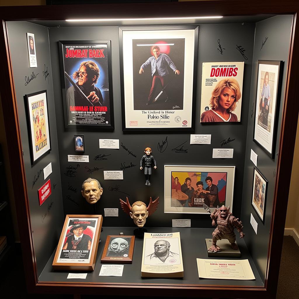 A curated collection of autographed horror memorabilia.