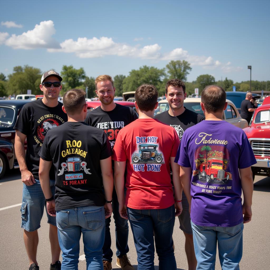 Group of hot rod enthusiasts proudly wearing their themed t-shirts at a car show.