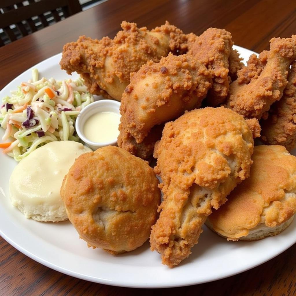 A platter of Howard's Chicken with sides