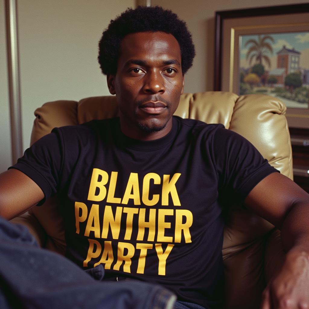 Huey Newton, co-founder of the Black Panther Party, wearing a black panther party shirt