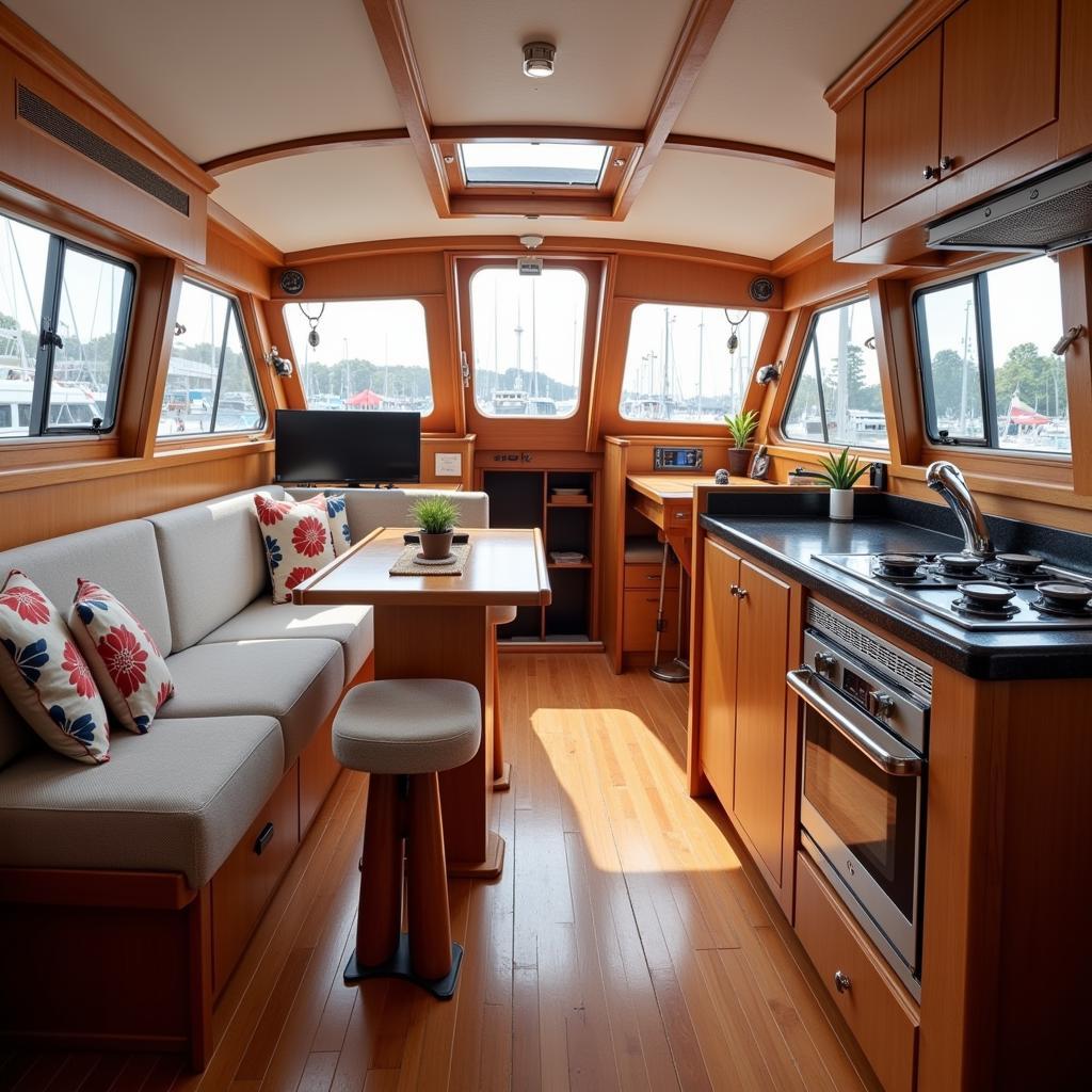 A view of the spacious and well-lit cabin of a Hunter 31 sailboat