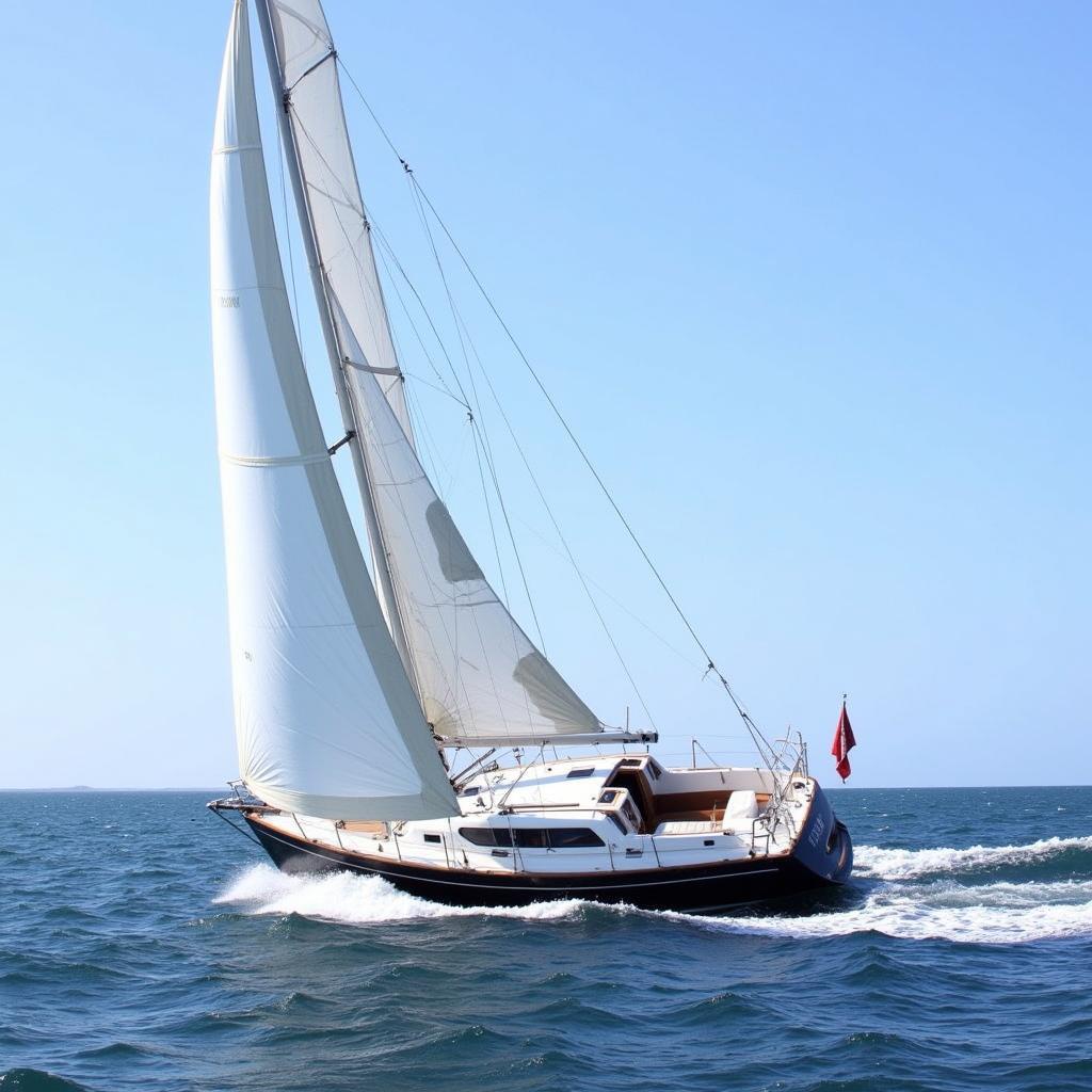 A Hunter 31 sailboat slicing through waves on the open ocean