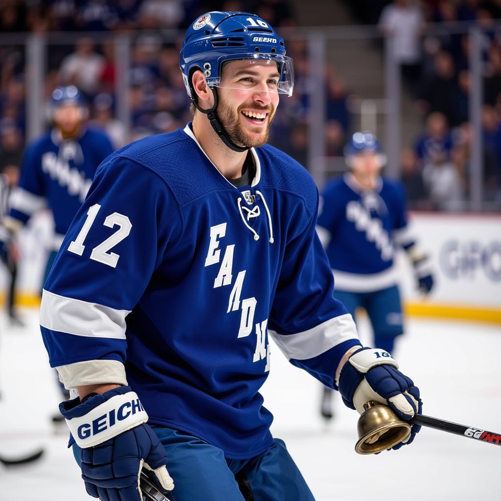 Ice hockey player ringing a bell after scoring a goal