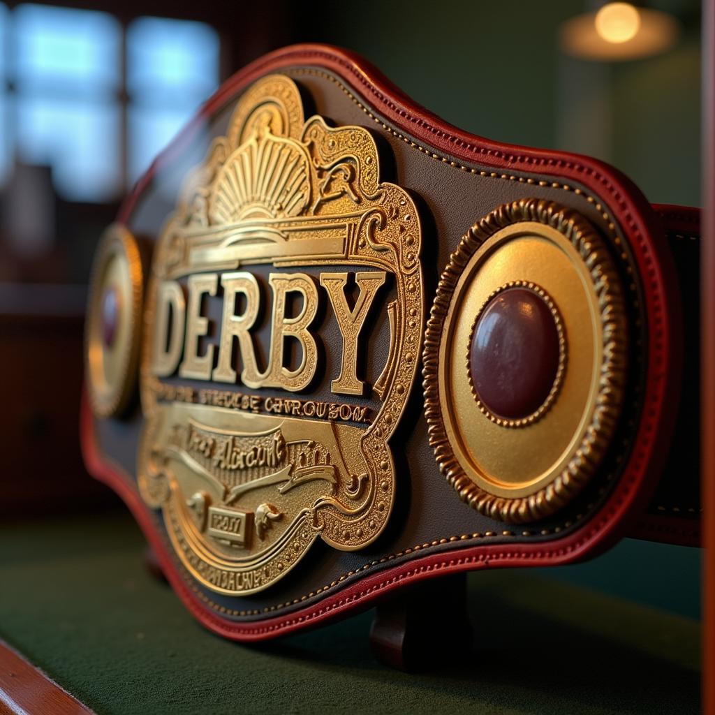 A historic derby belt showcased in a display case