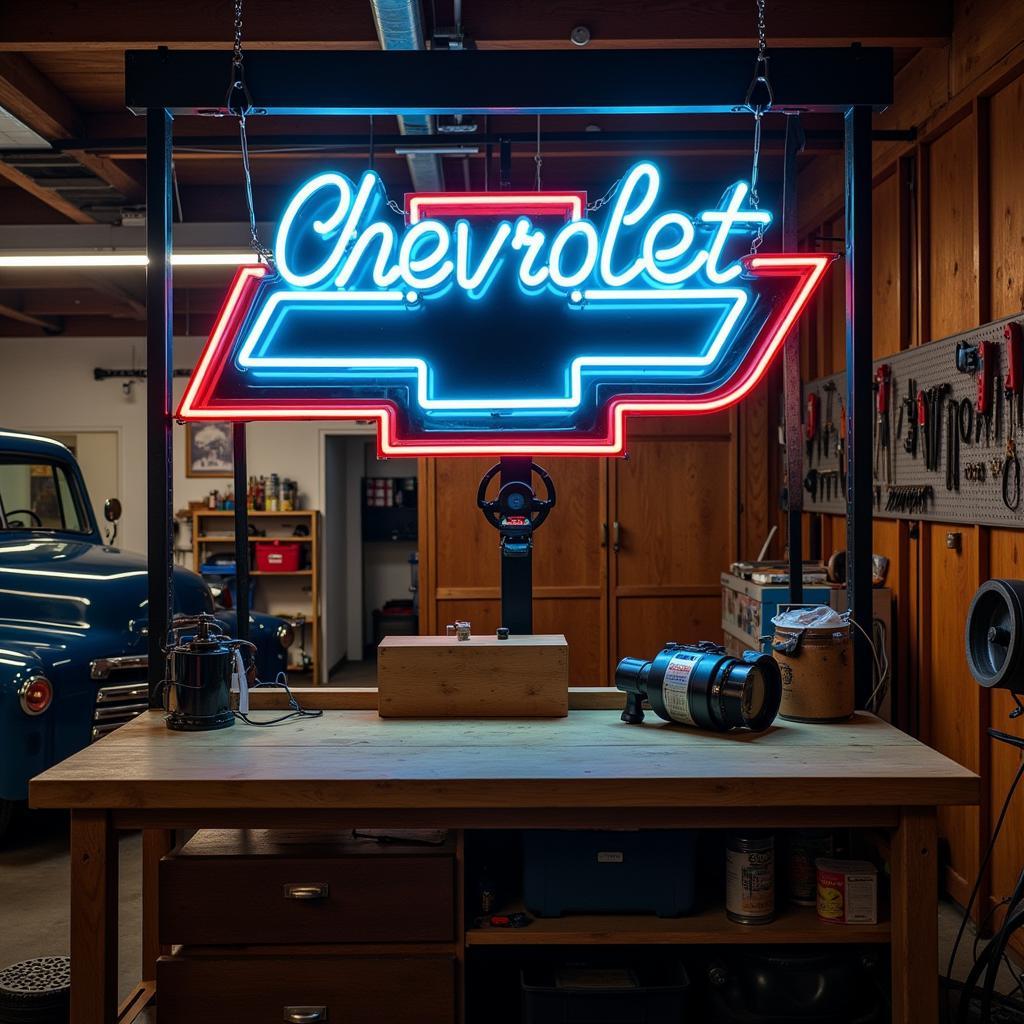 Illuminated Chevy Logo Sign Hanging in a Garage