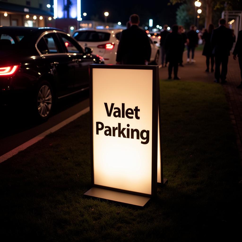 Illuminated Valet Parking Sign at a Night Event