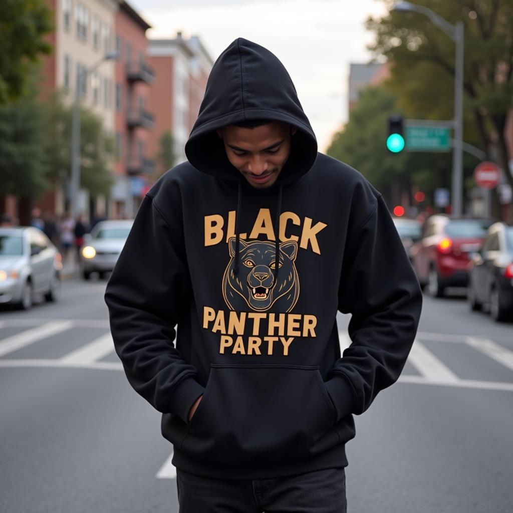 An individual thoughtfully wearing a Black Panther Party hoodie.