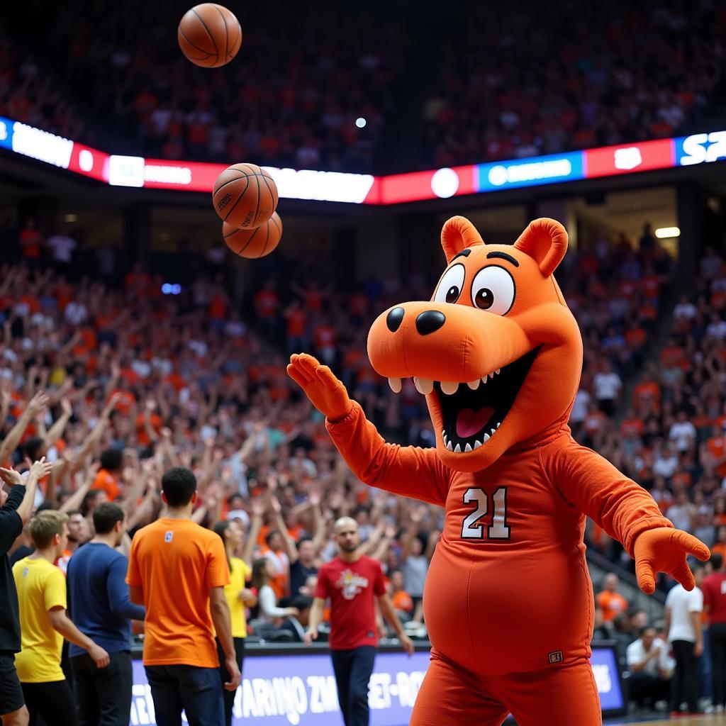 Inflatable Big Al Mascot Entertaining Fans at Basketball Game