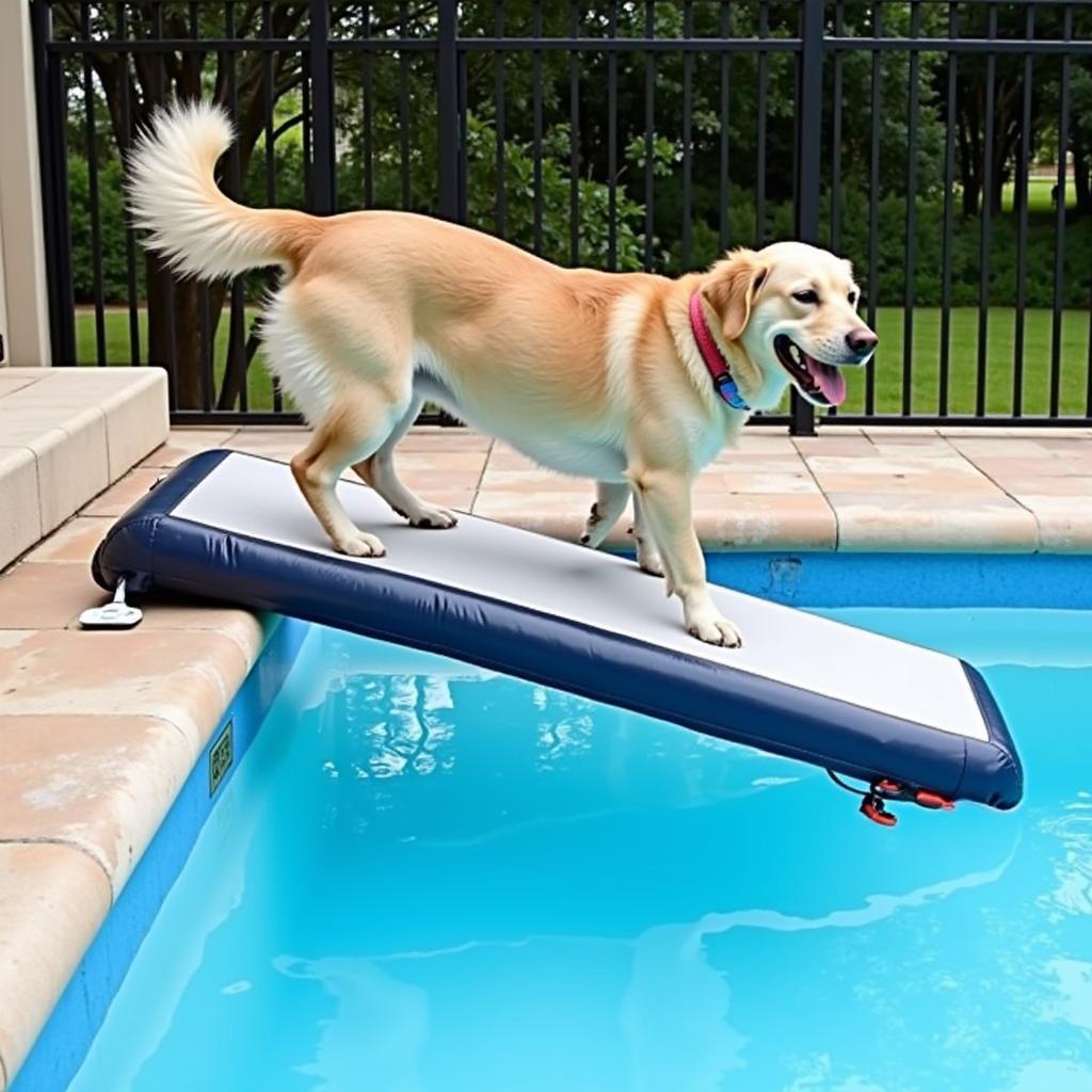 Inflatable dog ramp for pool in action