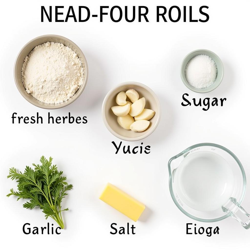 A flat lay photograph displaying all the ingredients needed to make Mike's Pizza garlic rolls, neatly arranged on a white marble countertop.