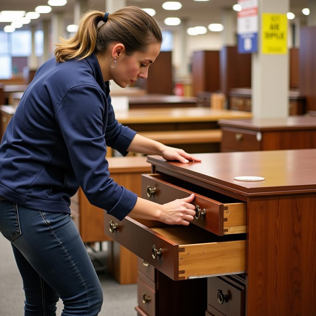 Inspecting a used desk for quality