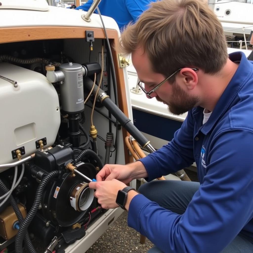 A marine mechanic meticulously inspecting the engine of a Henderson 30 sailboat