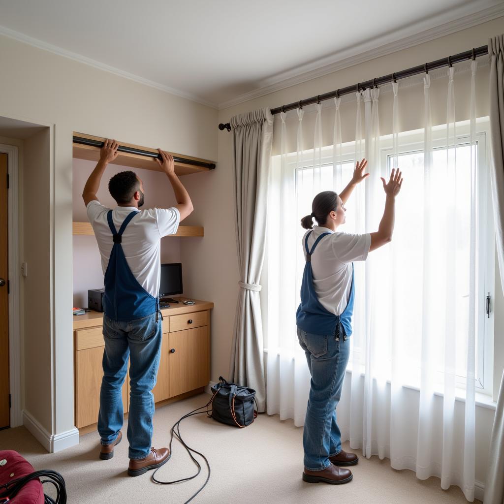 Workers installing a curtain rail