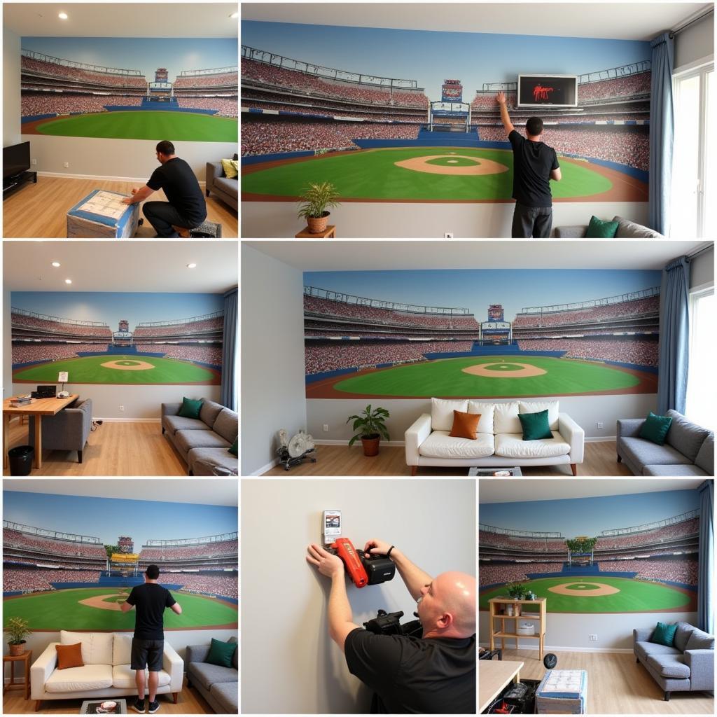 Installing a large baseball stadium mural