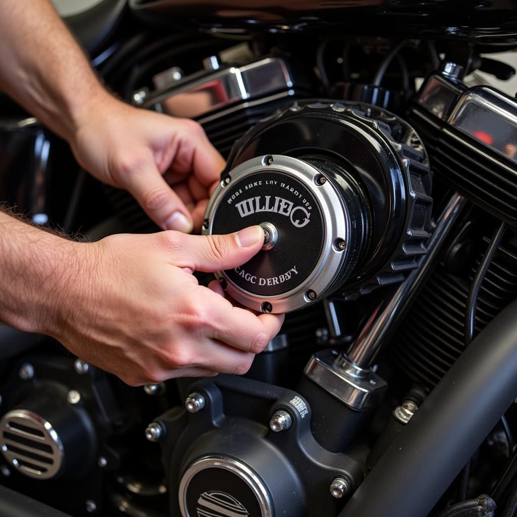 A mechanic installing a Willie G derby cover on a Harley-Davidson motorcycle.