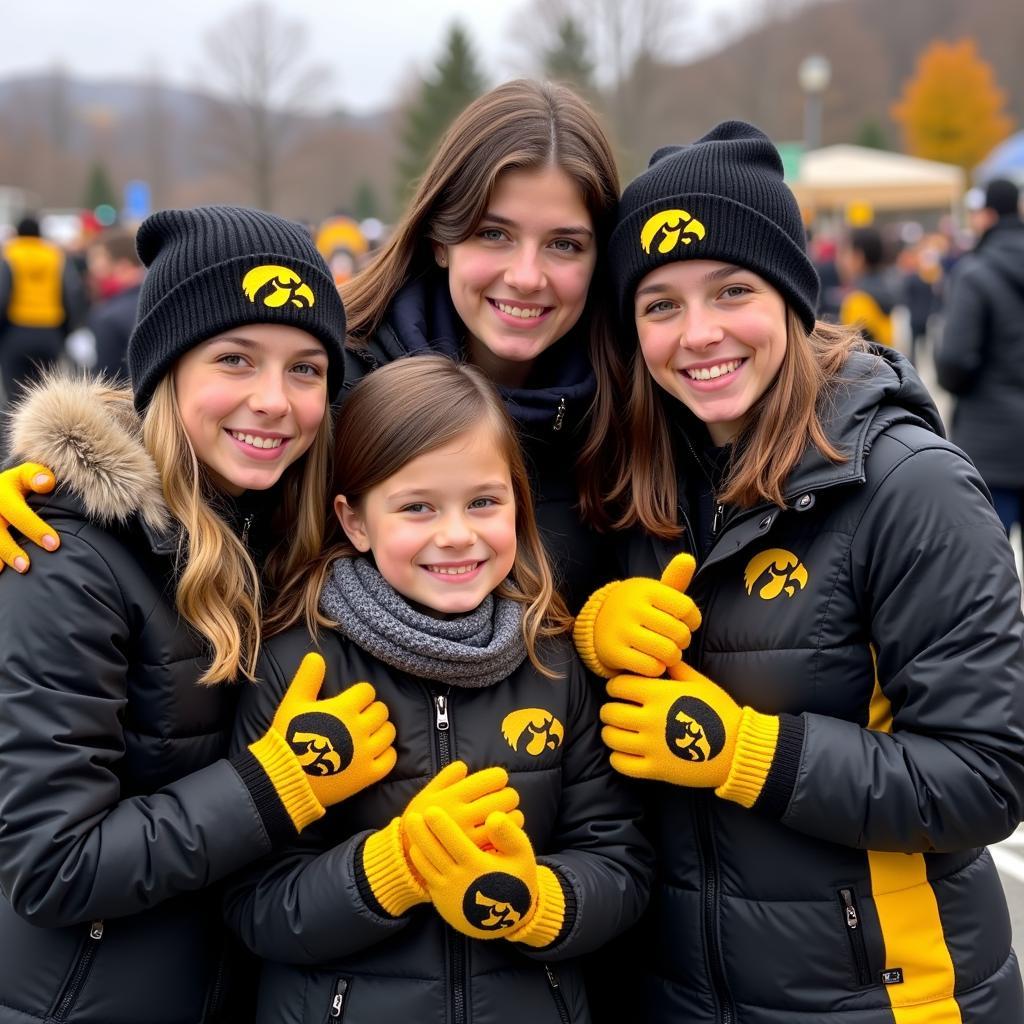 Family wearing matching Iowa Hawkeye gloves.