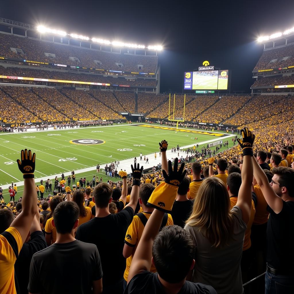 Fans wearing Iowa Hawkeye gloves at a football game.