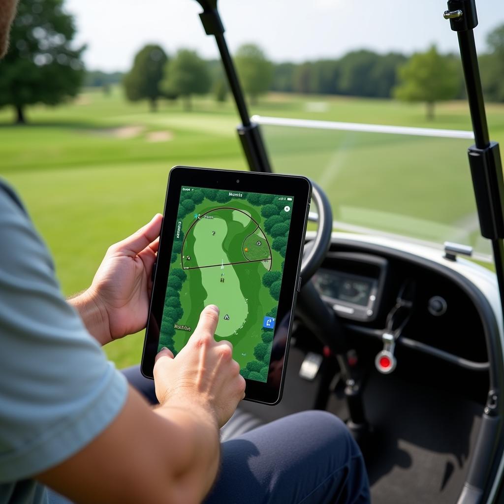 Golfer using iPad for GPS navigation on a golf cart