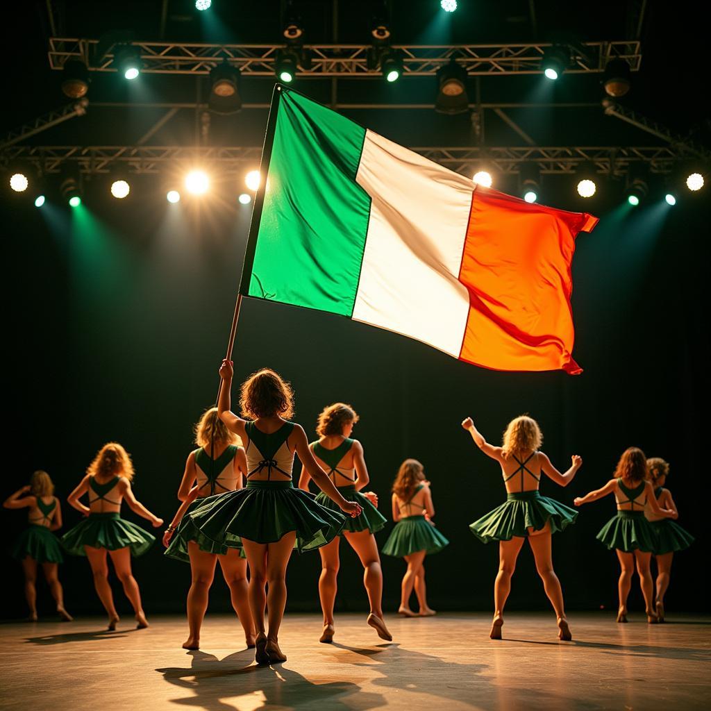 Irish dancers with a large Irish flag